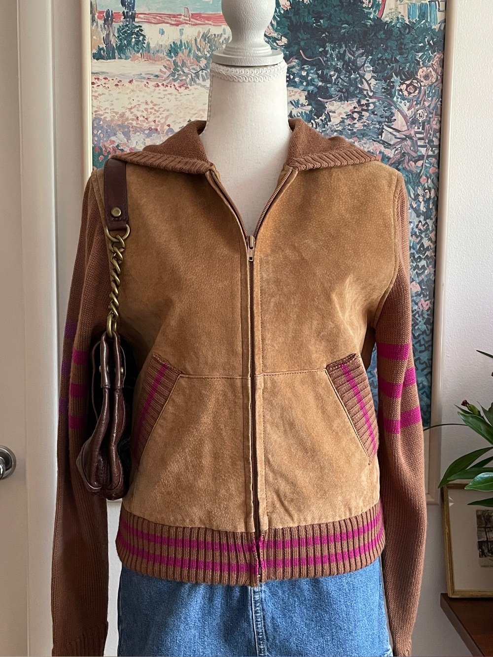 Wilsons Leather Suede Leather Jacket Medium Tan Knit Sleeves Hoodie Indie Y2K